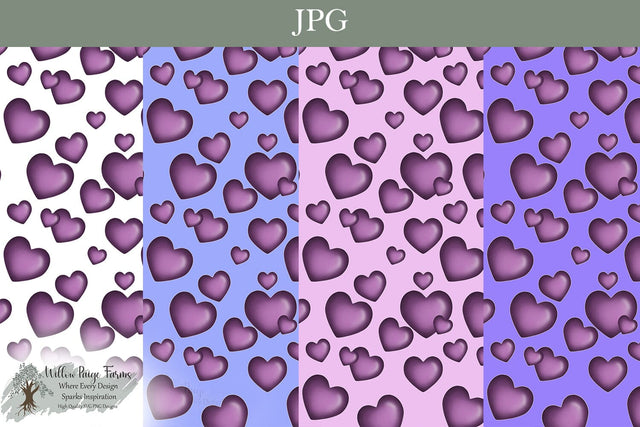 Puffy Purple Hearts Seamless Pattern | 4 Backgrounds Included | Cute Valentine Heart Digital Paper Sublimation Willow Paige Farms 