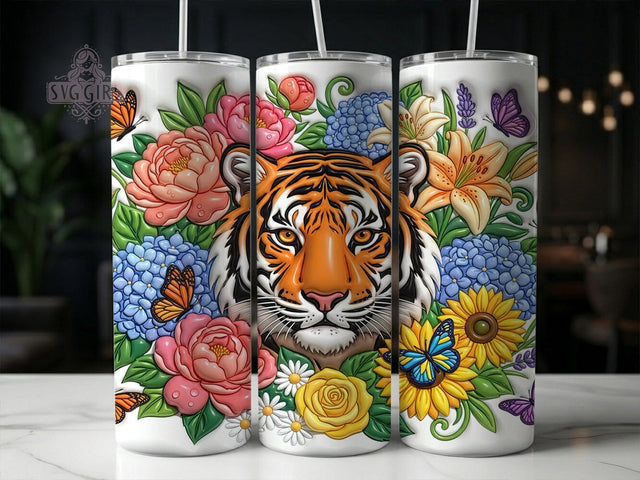 Puffy Tiger Floral 20oz Tumbler, Puffy Tiger, Tiger Floral, Tiger Tumbler, 20oz Tumbler, Puffy Floral, Floral Tumbler, Tumbler Wrap Sublimation SvggirlplusArt 