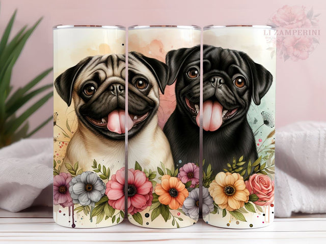 Pug Dog Flowers Grass 20oz Tumbler Wrap PNG, Pug Dog Tumbler Png, Straight & Tapered Tumbler Wrap, Instant Digital Download Sublimation Li Zamperini 
