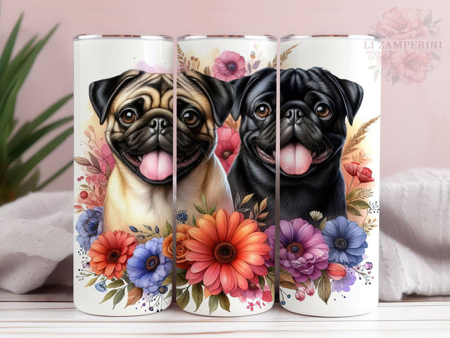 Pug Dog Flowers Grass 20oz Tumbler Wrap PNG, Pug Dog Tumbler Png, Straight & Tapered Tumbler Wrap, Instant Digital Download Sublimation Li Zamperini 