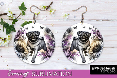Pug Earrings - Dog Mom Floral Round Earring Sublimation Sublimation OrangeBrushStudio 