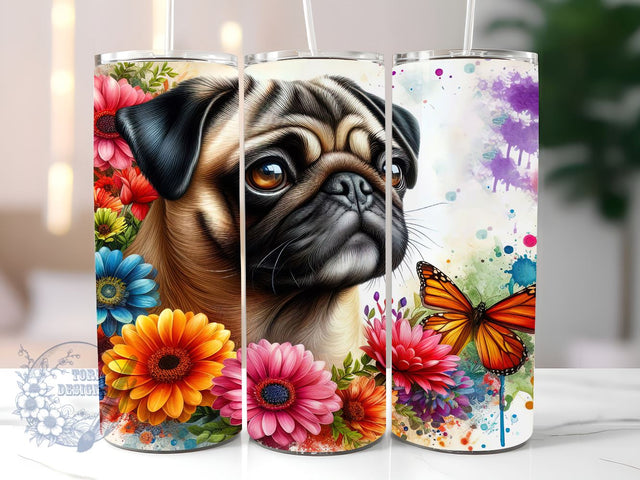 Pug Flowers Butterfly 20oz Skinny Tumbler, Cute Dog Tumbler Png, Straight & Tapered Tumbler Wrap, Instant Digital Download Sublimation ToriDesigns 