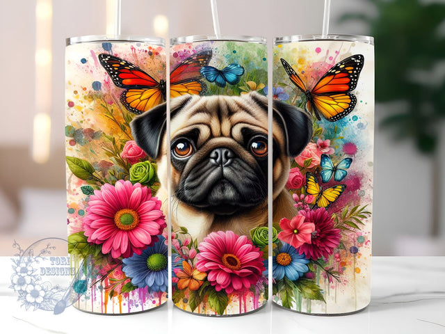 Pug Flowers Butterfly 20oz Skinny Tumbler, Cute Dog Tumbler Png, Straight & Tapered Tumbler Wrap, Instant Digital Download Sublimation ToriDesigns 