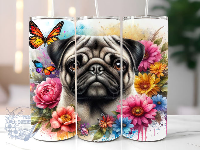 Pug Flowers Butterfly 20oz Skinny Tumbler, Cute Dog Tumbler Png, Straight & Tapered Tumbler Wrap, Instant Digital Download Sublimation ToriDesigns 