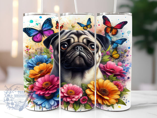 Pug Flowers Butterfly 20oz Skinny Tumbler, Cute Dog Tumbler Png, Straight & Tapered Tumbler Wrap, Instant Digital Download Sublimation ToriDesigns 
