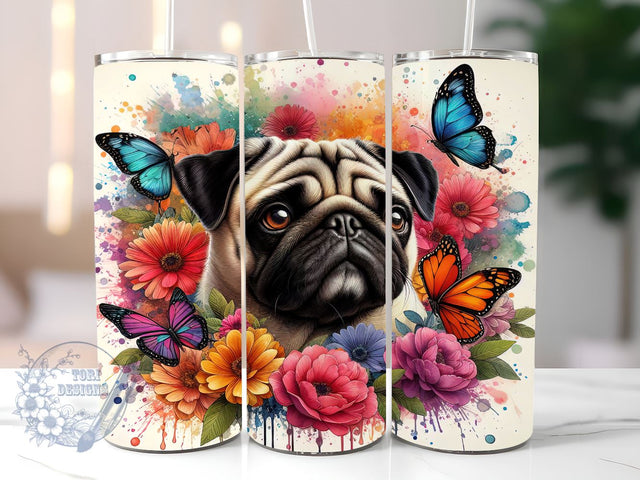 Pug Flowers Butterfly 20oz Skinny Tumbler, Cute Dog Tumbler Png, Straight & Tapered Tumbler Wrap, Instant Digital Download Sublimation ToriDesigns 