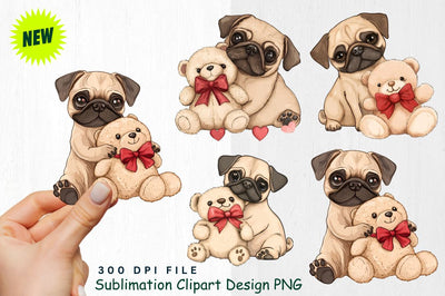 Pug Hugging Teddy Bear Clipart Sublimation Regulrcrative 