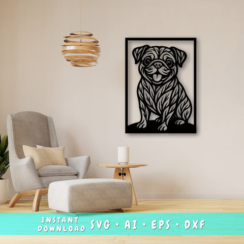 Pug Laser SVG, Cute Dog Laser Cut, Pet Lover Design, Digital Download, Dog Art, Laser Engraving File SVG HappyDesignStudio 
