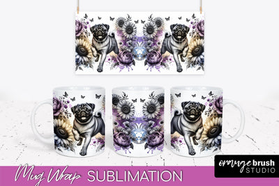 Pug Mug Wrap - Dog Mom Floral Coffee Mug PNG Sublimation Sublimation OrangeBrushStudio 