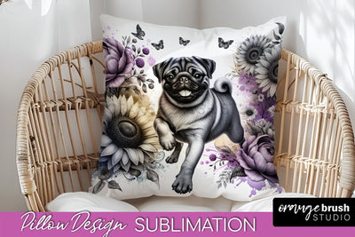 Pug Pillow Cover - Dog Mom Floral Pillow Sublimation Sublimation OrangeBrushStudio 