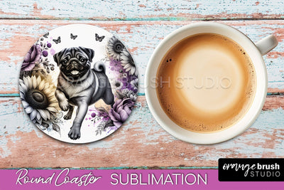 Pug Round Coaster - Dog Mom Floral Coaster Sublimation Sublimation OrangeBrushStudio 