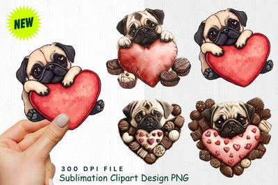 Pug Snuggling in Heart Pillow with Chocolates Clipart Sublimation Regulrcrative 