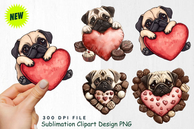 Pug Snuggling in Heart Pillow with Chocolates Clipart Sublimation Regulrcrative 