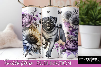 Pug Tumbler Wrap - Dog Mom Floral Tumbler Sublimation Sublimation OrangeBrushStudio 