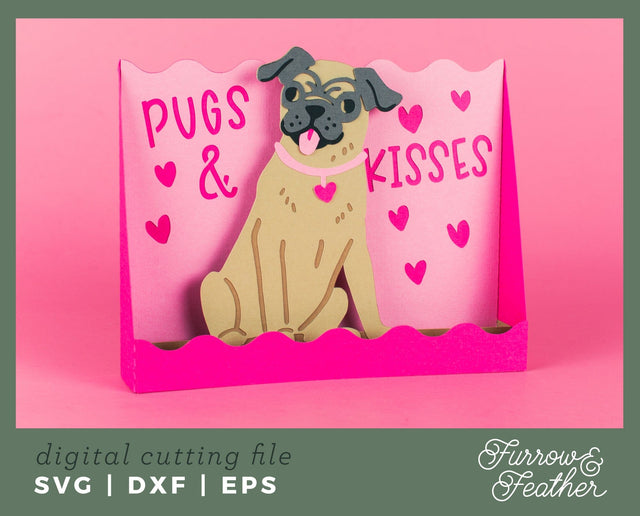 Pugs and Kisses Card - Valentine's Day 3D Card SVG 3D Paper Furrow and Feather SVG 