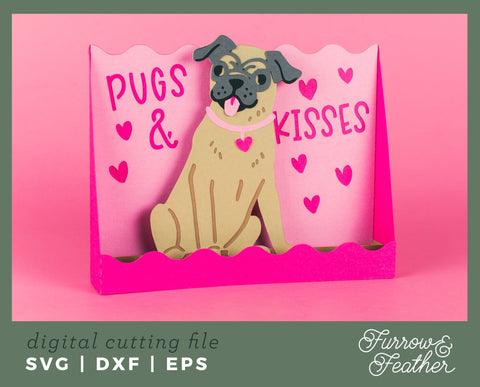 Pugs and Kisses Card - Valentine's Day 3D Card SVG 3D Paper Furrow and Feather SVG 