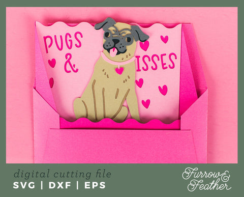Pugs and Kisses Card - Valentine's Day 3D Card SVG 3D Paper Furrow and Feather SVG 