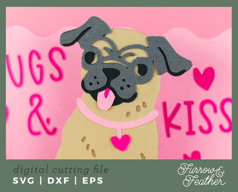 Pugs and Kisses Card - Valentine's Day 3D Card SVG 3D Paper Furrow and Feather SVG 