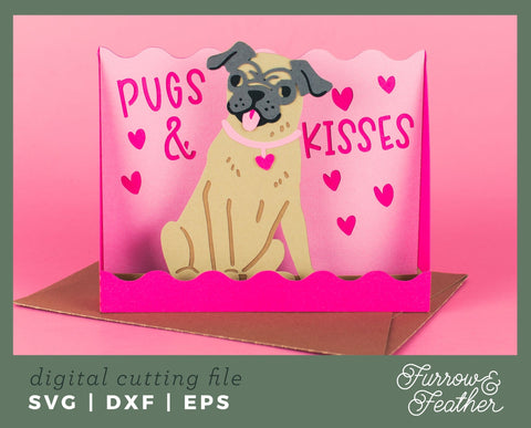 Pugs and Kisses Card - Valentine's Day 3D Card SVG 3D Paper Furrow and Feather SVG 