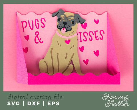 Pugs and Kisses Card - Valentine's Day 3D Card SVG 3D Paper Furrow and Feather SVG 