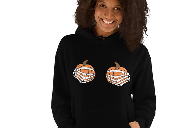 Pumpkin Boobs White Skeleton Hands | Women's Halloween Hoodie Physical Crafting After Dark Black S 