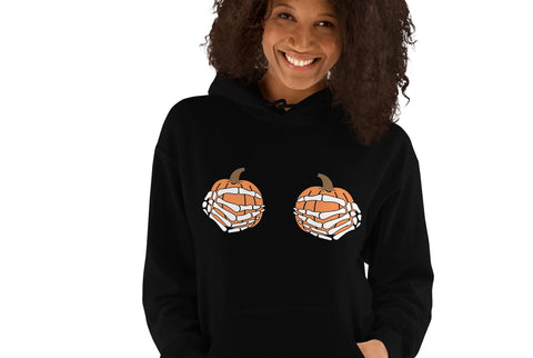 Pumpkin Boobs White Skeleton Hands | Women's Halloween Hoodie Physical Crafting After Dark Black S 