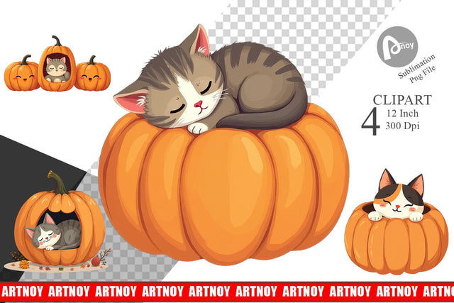 Pumpkin Cats Fall Clipart Sublimation artnoy 