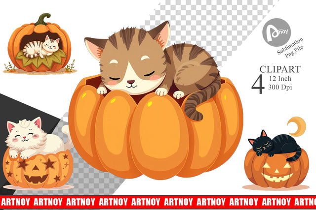 Pumpkin Cats Fall Clipart Sublimation artnoy 