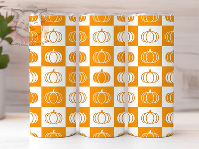 Pumpkin Checkerboard 20oz Tumbler, Pumpkin Motif, Checkerboard Pattern, Fall Theme, Autumn Charm, Rustic Style, Skinny Tumbler, Sublimation PNG Sublimation Lara' s Designs 