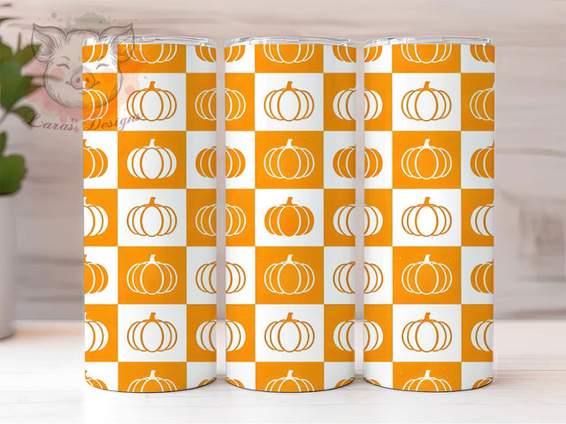 Pumpkin Checkerboard 20oz Tumbler, Pumpkin Motif, Checkerboard Pattern, Fall Theme, Autumn Charm, Rustic Style, Skinny Tumbler, Sublimation PNG Sublimation Lara' s Designs 