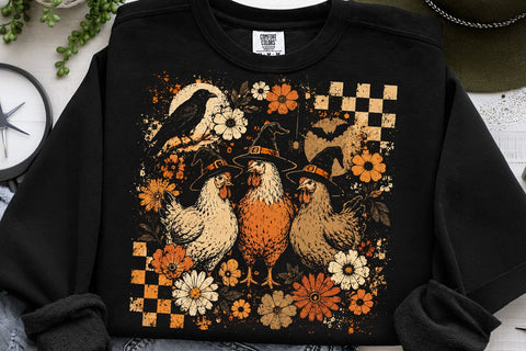 Pumpkin Chicken Fall Retro Halloween PNG, Halloween Witch Thanksgiving Turkey, Spooky Season Vintage trendy shirt designs, Chick or Treat SVG DesignDestine 