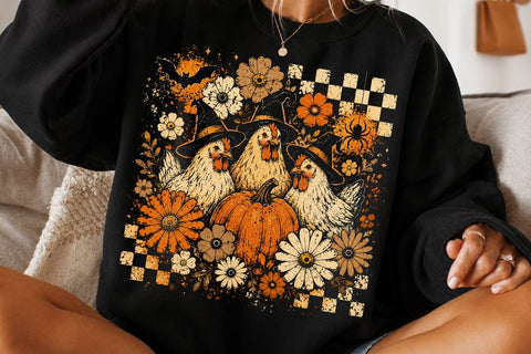 Pumpkin Chicken Fall Retro Halloween PNG, Halloween Witch Thanksgiving Turkey, Spooky Season Vintage trendy shirt designs, Chick or Treat SVG DesignDestine 