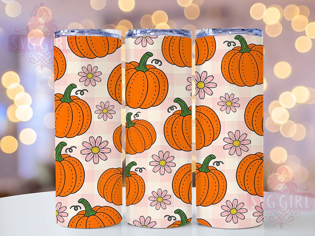Pumpkin Daisy Check 20oz Tumbler Wrap, Pumpkin Motif, Daisy Flower, Plaid Check, Autumn Theme, Rustic Style, Skinny Tumbler, Sublimation PNG Sublimation SvggirlplusArt 