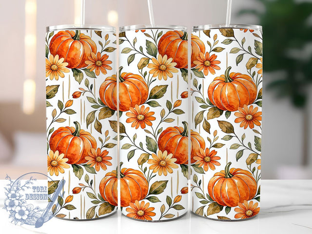 Pumpkin Daisy Watercolor Glow 20oz Tumbler, Pumpkin Motif, Daisy Flower, Watercolor Style, Glow Effect, Rustic Charm, Skinny Tumbler, Sublimation PNG Sublimation ToriDesigns 