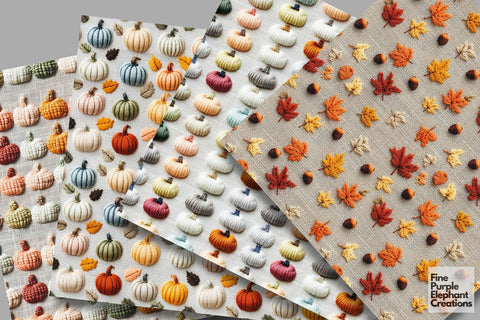 Pumpkin Embroidery Digital Paper | Fall Thanksgiving Stitched Fabric Digital Pattern Fine Purple Elephant Creations 