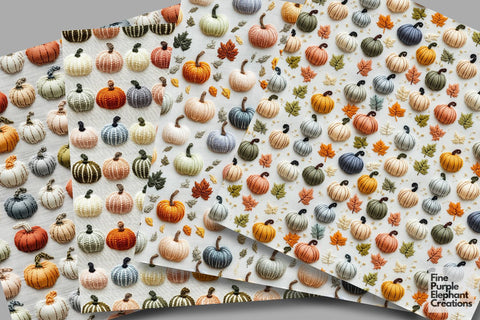Pumpkin Embroidery Digital Paper | Fall Thanksgiving Stitched Fabric Digital Pattern Fine Purple Elephant Creations 
