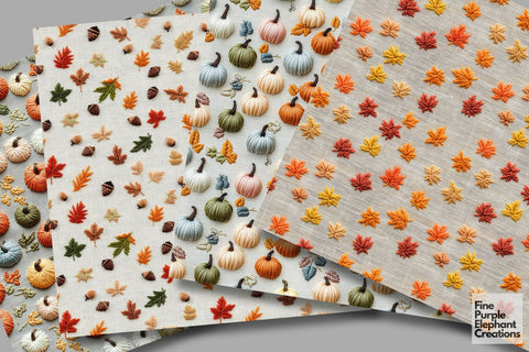 Pumpkin Embroidery Digital Paper | Fall Thanksgiving Stitched Fabric Digital Pattern Fine Purple Elephant Creations 