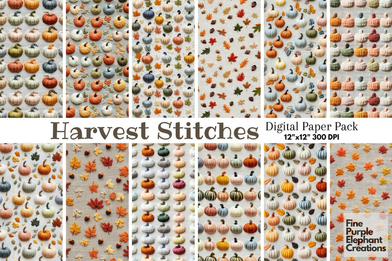 Pumpkin Embroidery Digital Paper | Fall Thanksgiving Stitched Fabric Digital Pattern Fine Purple Elephant Creations 