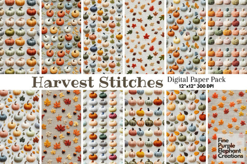 Pumpkin Embroidery Digital Paper | Fall Thanksgiving Stitched Fabric Digital Pattern Fine Purple Elephant Creations 