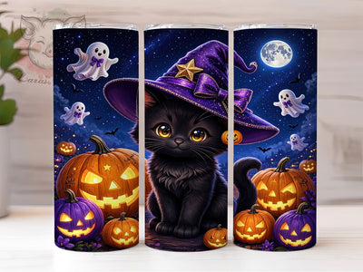 Pumpkin Ghost Kitten Glow 20oz Tumbler, Pumpkin Motif, Ghost Accent, Kitten Theme, Glow Art Design, Spooky Flair, Sublimation Wrap, 20oz Tumbler Sublimation Lara' s Designs 