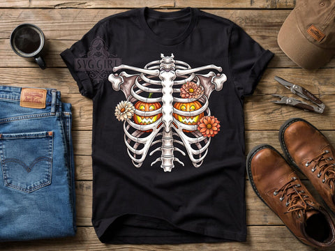 Pumpkin Ghost Ribcage T-Shirt PNG, Pumpkin Ghost, Ribcage Style, Spooky Vibes, Skeleton Fashion, Sublimation PNG, Statement Shirt, Halloween Apparel Sublimation SvggirlplusArt 