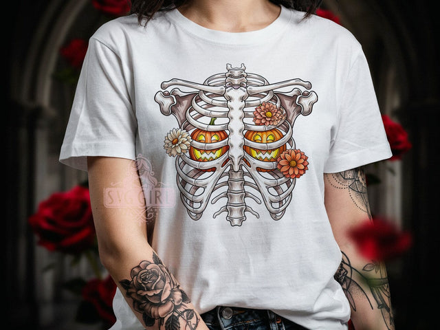 Pumpkin Ghost Ribcage T-Shirt PNG, Pumpkin Ghost, Ribcage Style, Spooky Vibes, Skeleton Fashion, Sublimation PNG, Statement Shirt, Halloween Apparel Sublimation SvggirlplusArt 