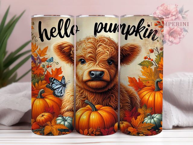 Pumpkin Highland Cow 20oz Tumbler Wrap PNG, Hello Pumpkin Tumbler PNG Sublimation Design, Straight & Tapered Tumbler Wrap, Instant Digital Download Sublimation Li Zamperini 