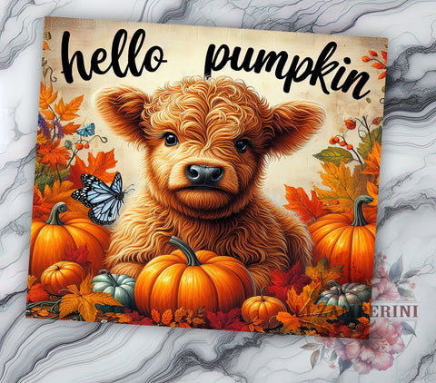 Pumpkin Highland Cow 20oz Tumbler Wrap PNG, Hello Pumpkin Tumbler PNG Sublimation Design, Straight & Tapered Tumbler Wrap, Instant Digital Download Sublimation Li Zamperini 