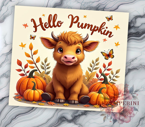 Pumpkin Highland Cow 20oz Tumbler Wrap PNG, Hello Pumpkin Tumbler PNG Sublimation Design, Straight & Tapered Tumbler Wrap, Instant Digital Download Sublimation Li Zamperini 