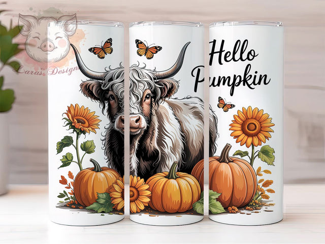Pumpkin Highland Cow Fall Tumbler Wrap, Pumpkin Cow Tumbler Png, 20oz Skinny Tumbler, Farmhouse Fall Tumbler, Autumn Sublimation Design, Hello Pumpkin Tumbler, Tumbler Design Download Sublimation Lara' s Designs 