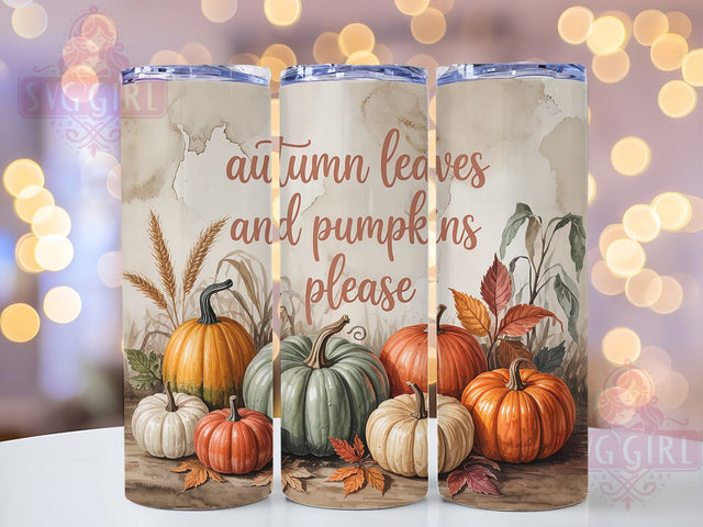 Pumpkin & Leaves Fall Tumbler Wrap, Pumpkin Tumbler Png, 20oz Skinny Tumbler, Autumn Leaves Png, Sublimation Design, Tumbler Wrap Download, Pumpkin Season Png Sublimation SvggirlplusArt 