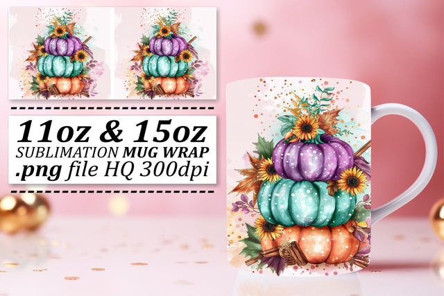 Pumpkin Mug Wrap Design Watercolor Autumn 11oz/15oz Sublimation afrosvg 