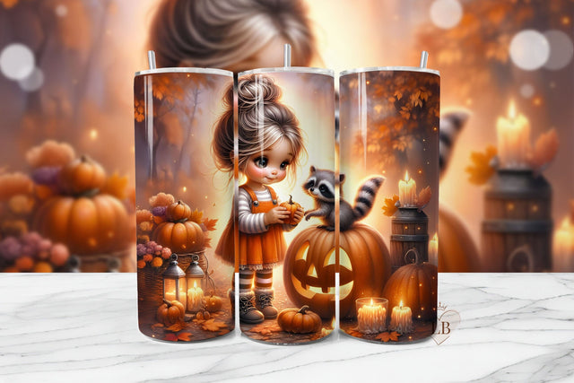 Pumpkin Raccoon Girl Tumbler Wrap PNG Sublimation BijouBay 