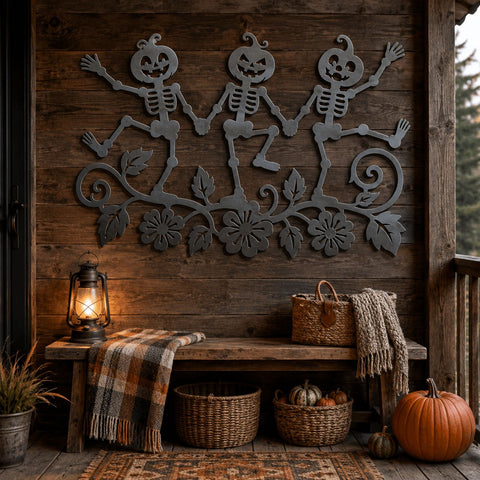 Pumpkin Skeleton Trio Laser SVG | Halloween Skeleton DXF | Funny Dancing Skeletons CNC File | Pumpkin Head Metal Art | Spooky Porch Decor SVG HappyDesignStudio 